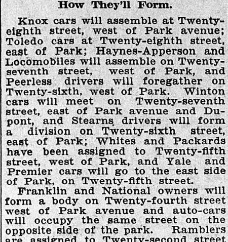 1904 clipping “How They’ll Form”: automobiles assembling on streets off Park Avenue for a parade.