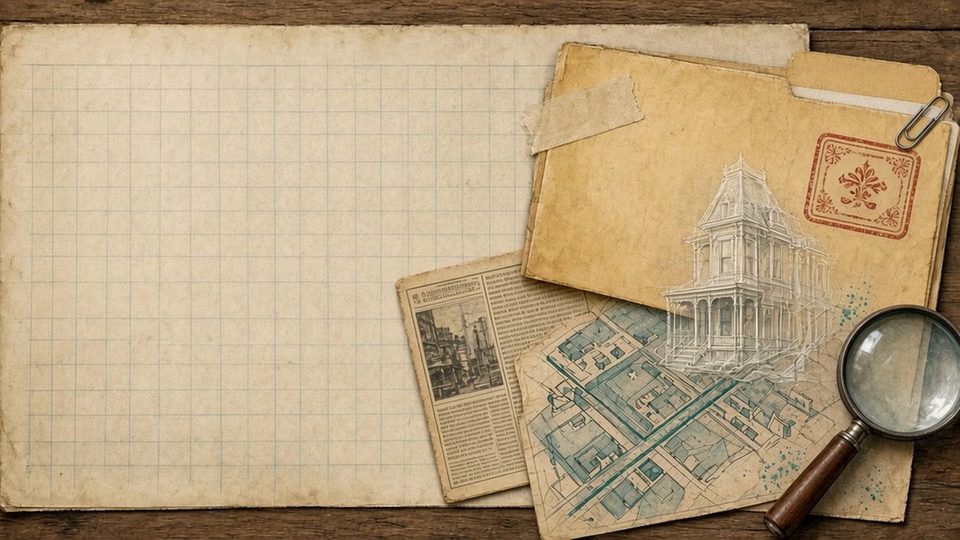 An open manila case folder spilling an old newspaper clipping and street map, with the faint outline of a house rising from the map.