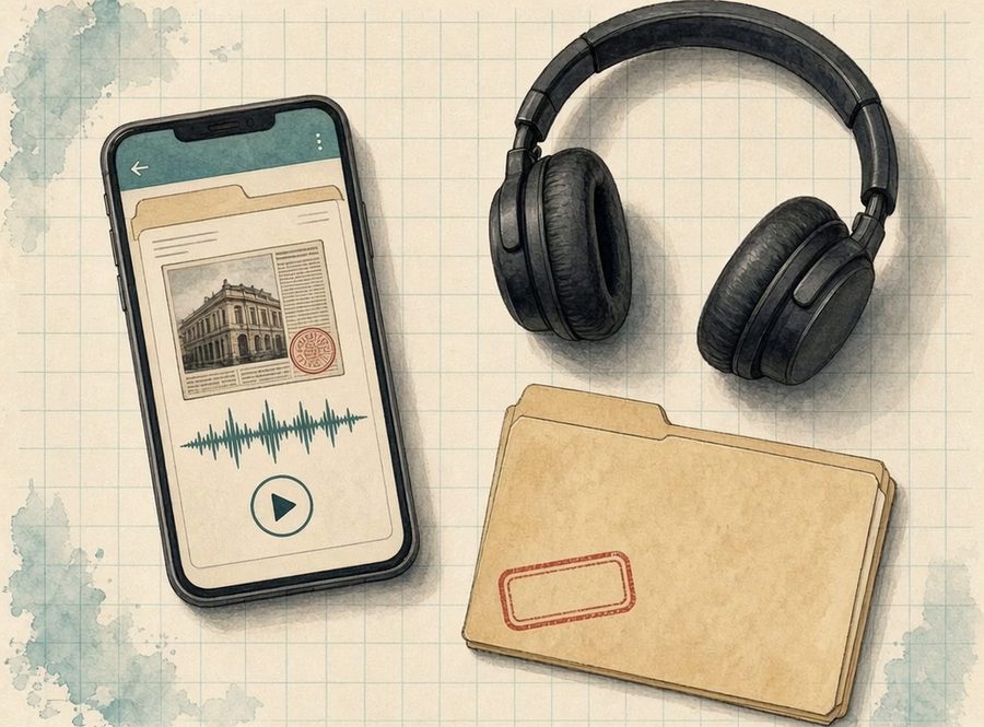A phone showing a case file with an audio player, next to headphones and a manila folder.