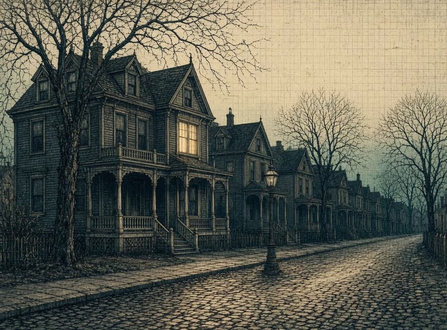 A quiet old street of Victorian houses at dusk, with one lit window.